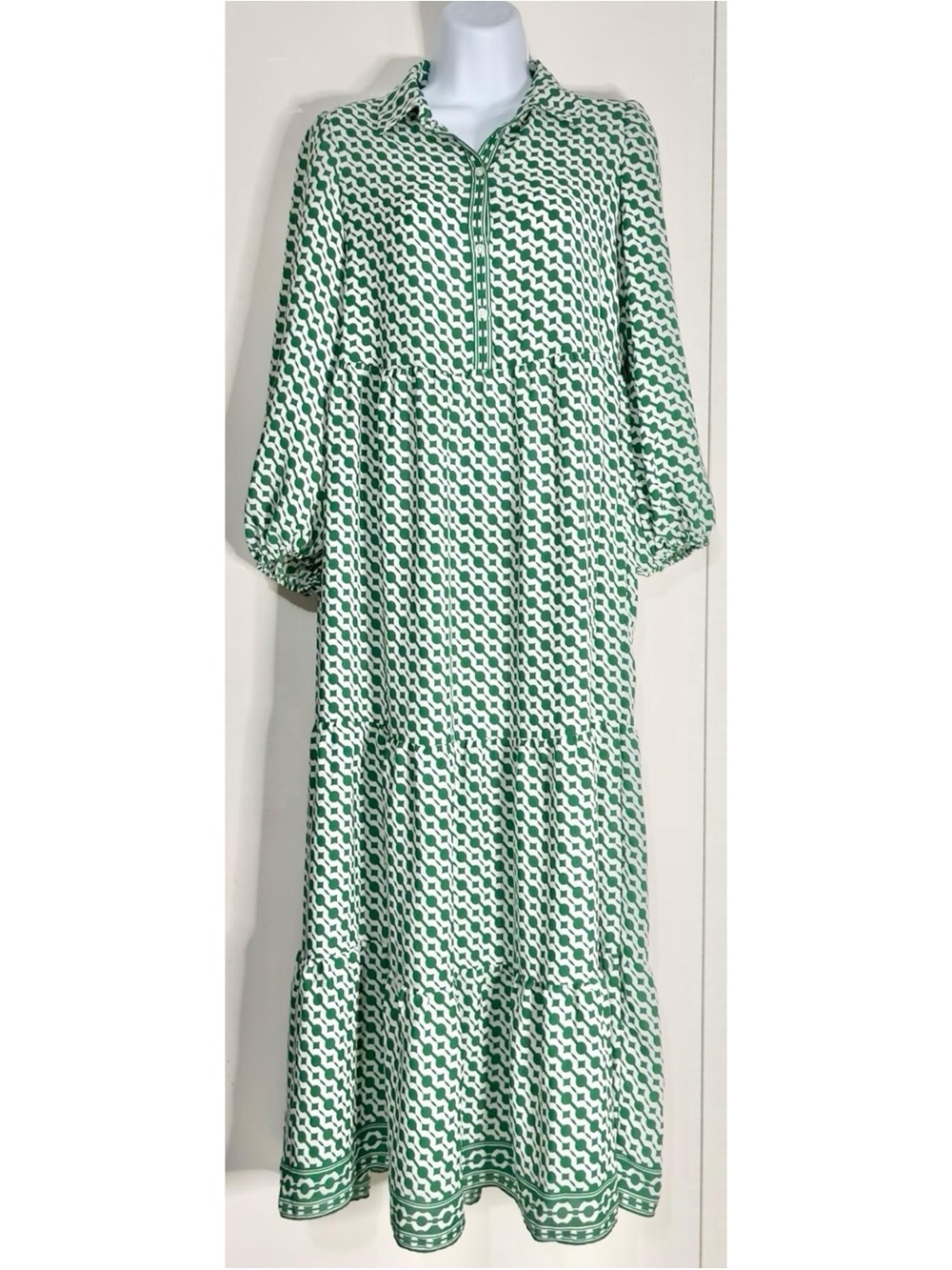 Max Studio London Collared Green White Geometric Maxi Long Sleeve Dress Size S